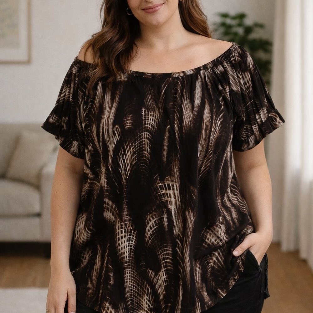 Worthington Womens Top XL Brown Feather Print Short Sleeve Blouse